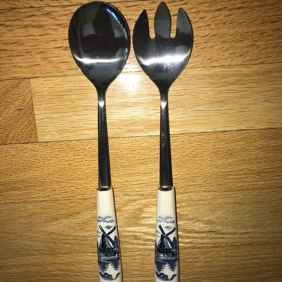 Elesva Amsterdam Holland Salad Serving Set Blue and White Handles - Picture 8 of 8